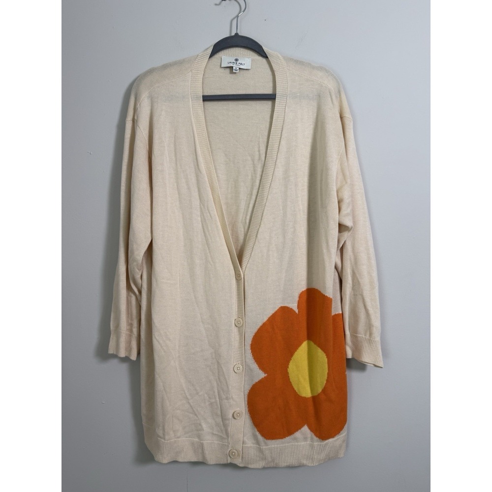 Laurie Felt Cardigan Size 2X Button Up Daisy Flower Cashmere Blend Orange Floral